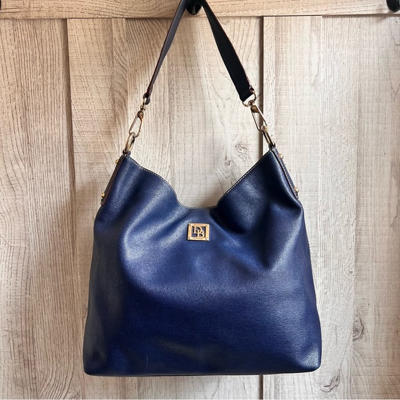 DOONEY&BOURKE HOBO SHOULDER TOTE BAG BLUE LEATHER SILVER BASE STUDS - Picture 1 of 14